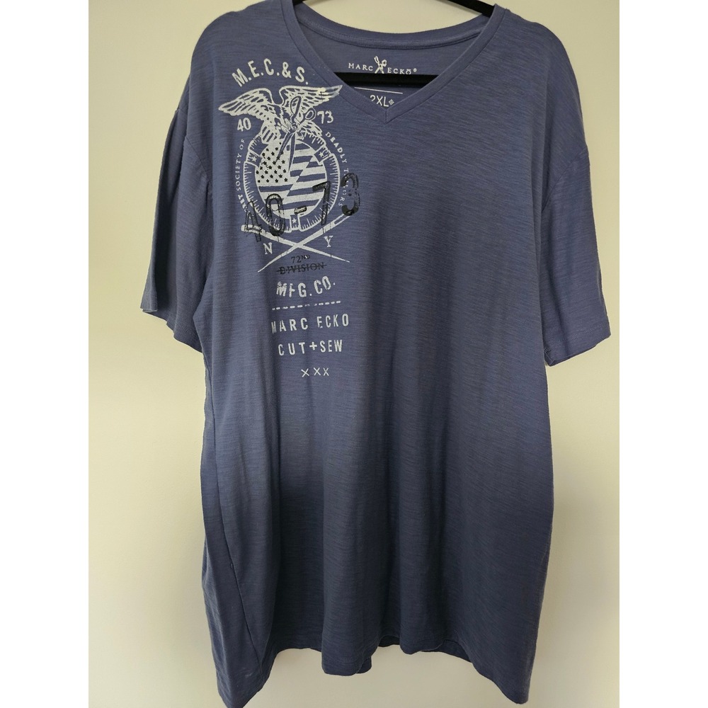 Urban Marc Ecko Cut & Sew Graphic T-Shirt Mens 2XL Blue V-Neck Slub Knit Eagle‎